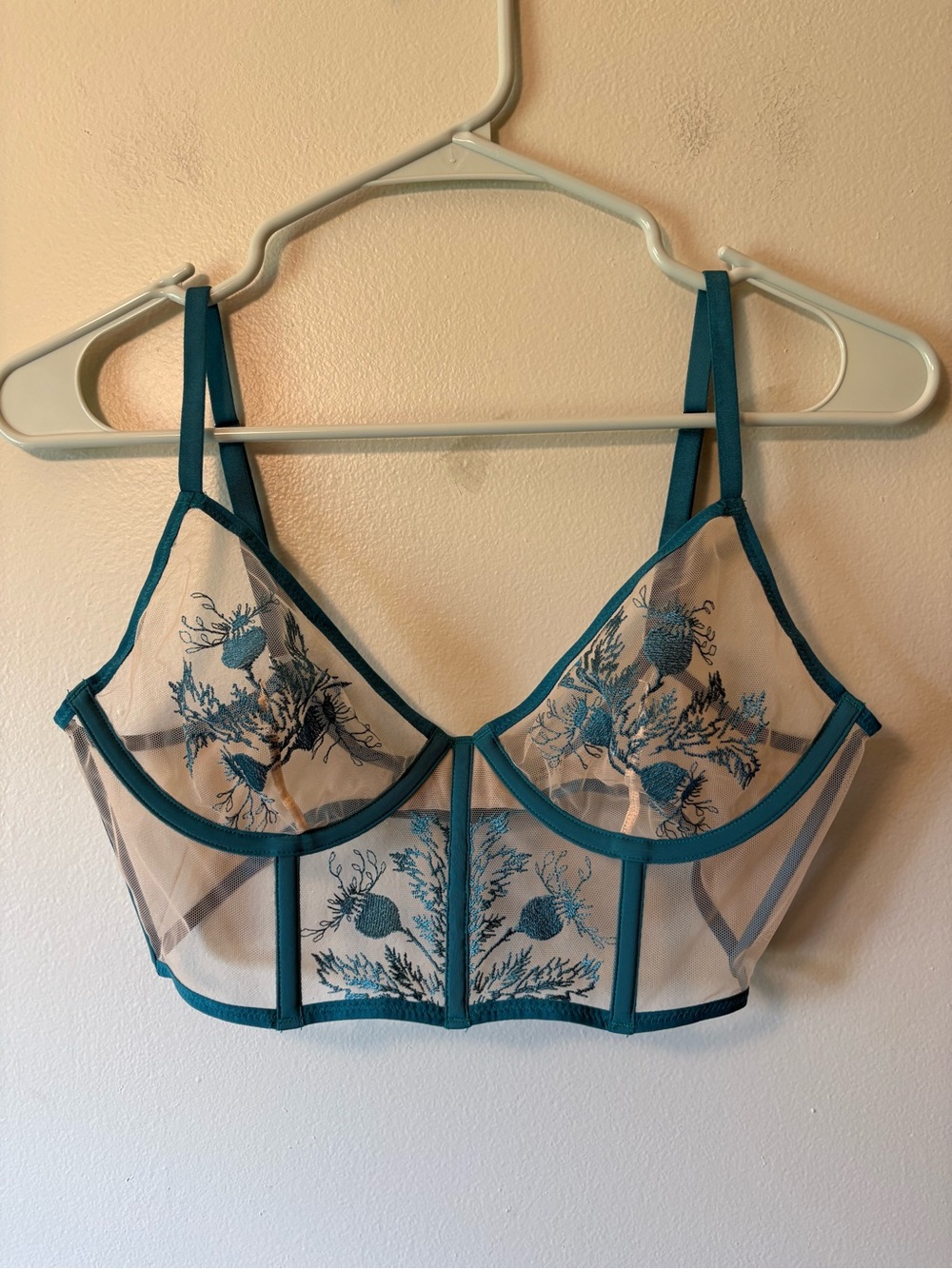 Thistle & Spire Sheer Teal Embroidered Longline Bralette, Size 36B Women’s